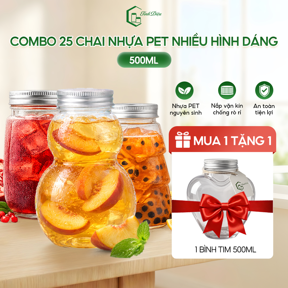 [Sỉ Tận Xưởng] Set 25 Chai Nhựa PET Nhiều Hình Dáng 300-500ml Nắp Nhôm Đựng Trà Sữa Nước Ép Cafe