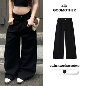 Quần Jean Đen Form Suông Rộng GODMOTHER Quần Jean Cạp Trễ Ống Suông Nam Nữ Unisex Thoải Mái