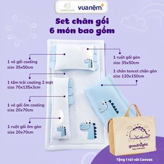 Bộ chăn gối cho bé mầm non Vua Nệm Goodnight Bebe, Gồi ngủ cho bé và chăn hè Tencel Thoáng Mát 6 Món