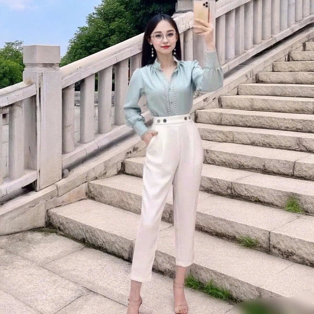Quần tây nữ đi học 4 nút khuy cúc dọc cài lưng cao dáng quần baggy vải nữ học sinh cấp 3 dày co giãn nhẹ đi học làm SSL