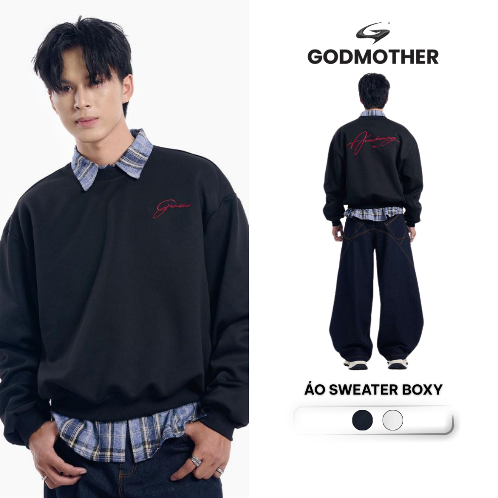 Áo Sweater Boxy Nỉ 2 Da Cổ Tròn Unisex GODMOTHER 2025