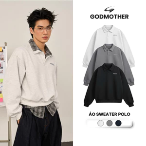 Áo Sweater Polo GODMOTHER Áo Nỉ Cổ Polo Dài Tay Form Rộng Dáng Boxy Thêu GodStudio Ấm Áp Unisex Nam Nữ