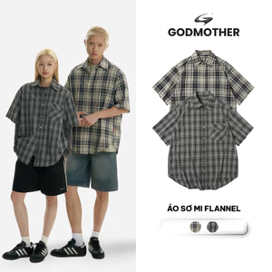 Áo Sơ Mi Flannel GODMOTHER Áo Sơ Mi Classic Cộc Tay Cổ Bẻ Form Rộng Nam Nữ Unisex