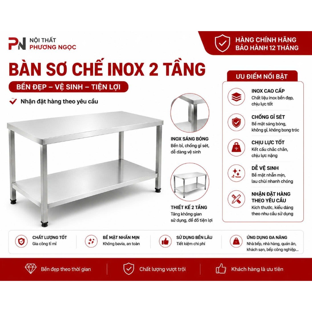 BÀN SƠ CHẾ INOX 100% – CHẮC CHẮN, BỀN ĐẸP, CHUYÊN DÙNG NHÀ BẾppp