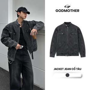 Áo Khoác Jacket Jean GODMOTHER Form Rộng Áo Khoác Denim Cổ Tàu Basic Phối Khoá Kéo Ngực Menswear
