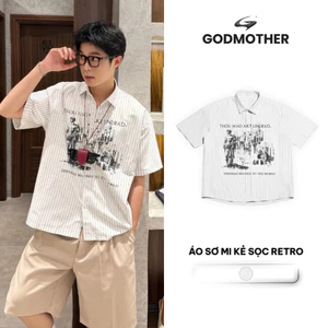 Áo Sơ Mi Cộc Tay Họa Tiết GODMOTHER Áo Sơ Mi Kẻ Sọc Phong Cách Retro Kiểu Dáng Cổ Điển Trẻ Trung