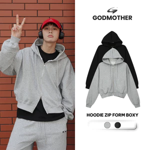Hoodie Zip Form Boxy GODMOTHER Nỉ 2 Da Khóa 2 Đầu Chống Nắng Unisex Phong Cách Hàn Quốc Đen - Xám