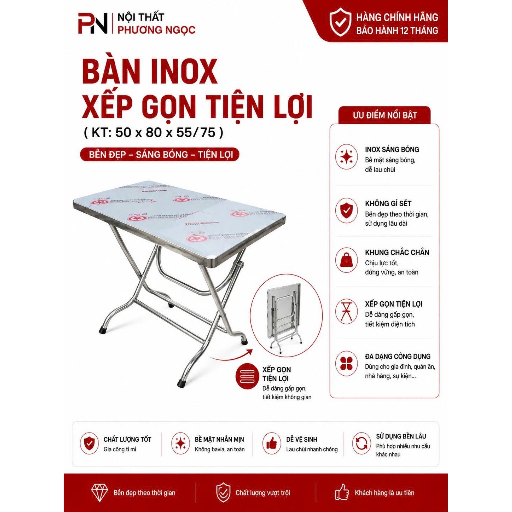 🔥 BÀN INOX GẤP GỌN 201 – ĐỦ KÍCH THƯỚC – CHẮC CHẮN, TIỆN LỢI, BỀN ĐẸP