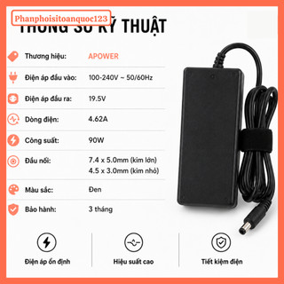 Sạc Laptop APOWER For DELL 19.5V – 4.62A (Đầu Kim Lớn/Đầu Kim Nhỏ) – Adapter Tương Thích Laptop DELL