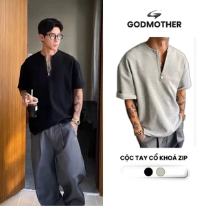 Áo Cộc Tay Cổ Tròn GODMOTHER Cổ Khoá Zip Mới Mẻ Cách Điệu Phong Cách Hàn Quốc