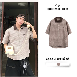 Áo Sơ Mi Kẻ Phối Cổ GODMOTHER Áo Kẻ Cổ Nâu Chất Liệu Thoáng Mát Phong Cách Retro Y2K
