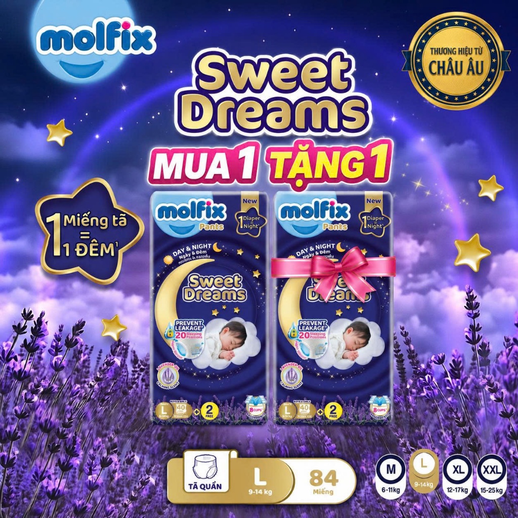 [Hoả Tốc HCM] Tã Bỉm quần đêm cho bé Molfix Sweet Dreams Jumbo đủ các size M50/L42/XL36/2XL32