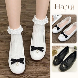 Giày búp bê, giày bệt nữ mũi tròn chần chỉ đính nơ đen, da trám mềm cho nữ siêu êm trẻ trung Haru Shoes M15