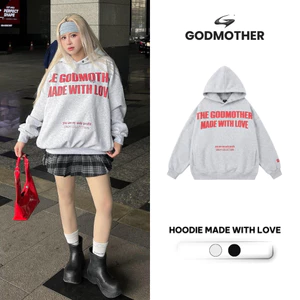 Áo Hoodie Nỉ Bông Form Boxy GODMOTHER MADE WITH LOVE Unisex Mũ To Có Cúc Màu Xám Tiêu - Đen 2024