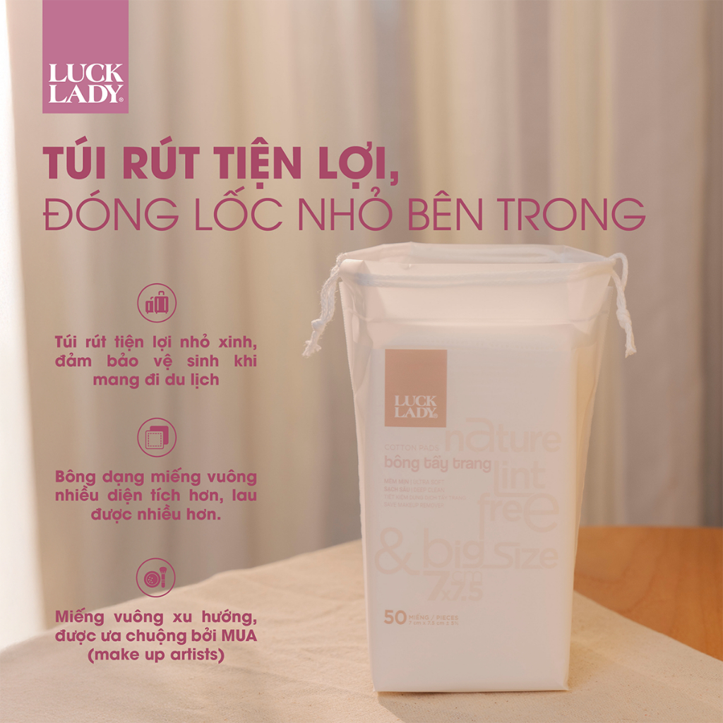Combo 6 túi bông tẩy trang Luck Lady cao cấp dạng túi rút nhỏ gọn mang đi du lịch 50 miếng/túi, kích thước bông 7x7,5cm