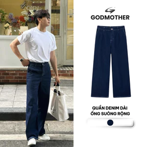 Quần Denim Dài Ống Suông Rộng GODMOTHER Quần Dáng Dài Chất Liệu Jean Phong Cách Trẻ Trung Nam Nữ
