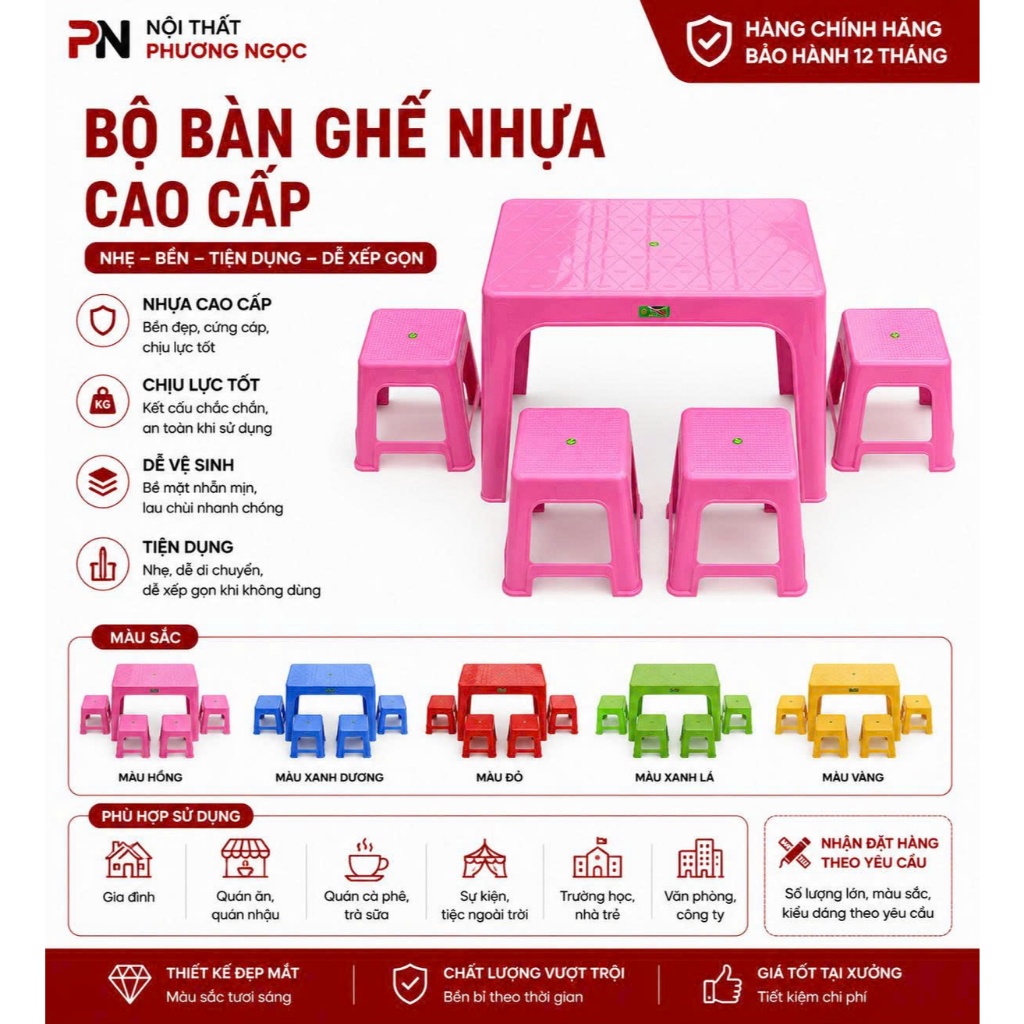 combo bàn nhựa màu Hồng (1 bàn 4 ghế đẩu nhỏ)ship hỏa tốc