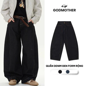 Quần Denim Đen Form Rộng GODMOTHER Quần Jean Cotton Ống Rộng Form Thụng Nam Nữ Unisex