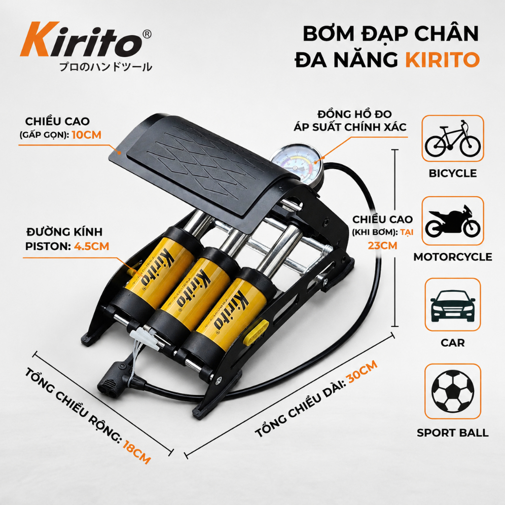 Bơm Đạp Chân Kirito 2/3 Piston Có Đồng Hồ Áp Suất, Bơm Xe Máy, Ô Tô, Xe Đạp, Bơm Hơi Đa Năng Gấp Gọn