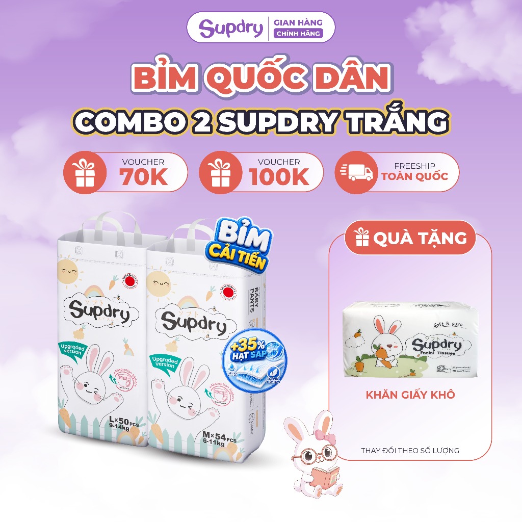 (CÓ QUÀ) COMBO 2 Bịch Tã Bỉm Dán/Quần Supdry, Bỉm Supdry Trắng Mỏng Nhẹ Cho Bé size NB/S/M/L/XL/XXL/XXXL từ 4kg đến 20kg
