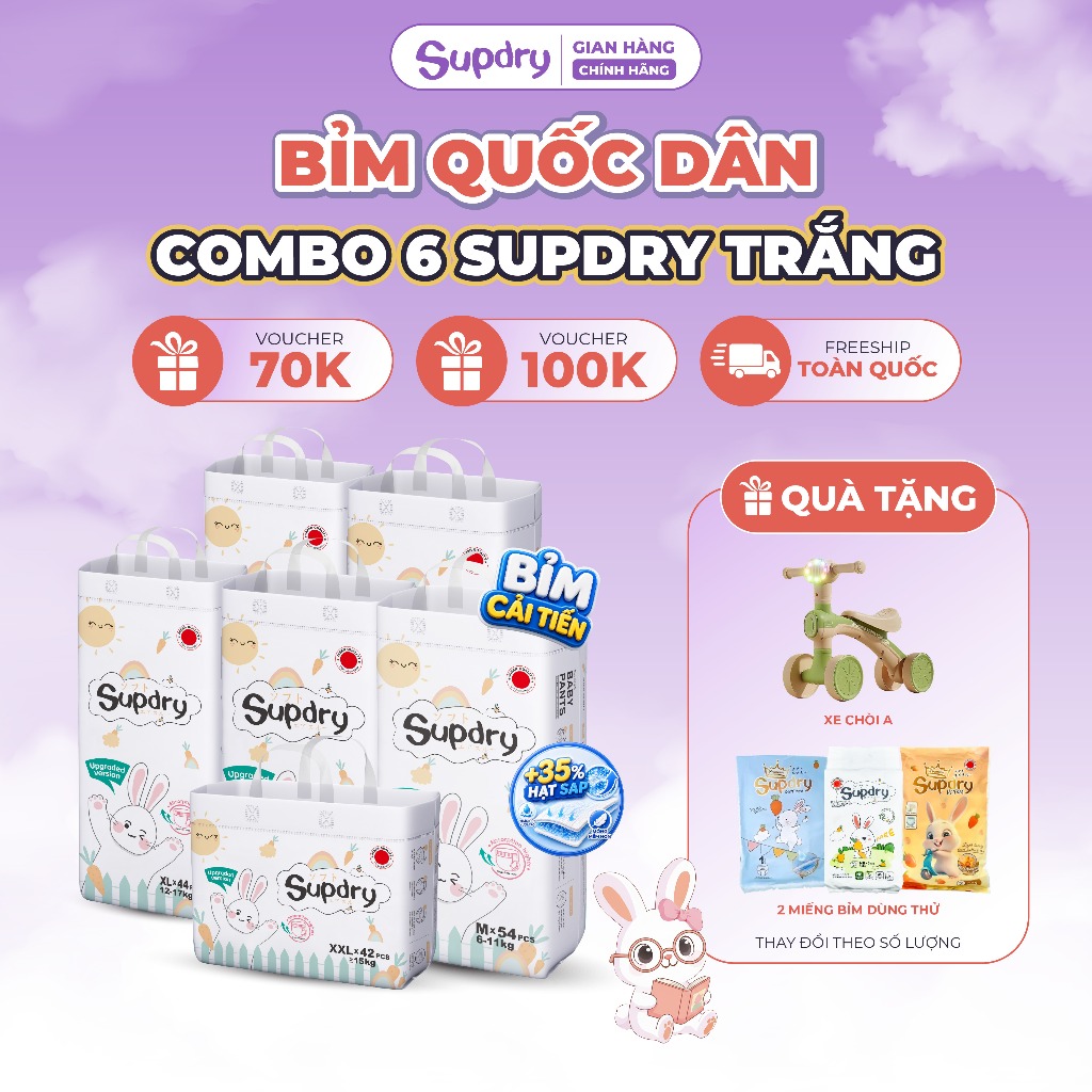 (CÓ QUÀ) COMBO 6 Bịch Tã Bỉm Dán/Quần Supdry, Bỉm Supdry Trắng Mỏng Nhẹ Cho Bé size NB/S/M/L/XL/XXL/XXXL từ 4kg đến 20kg