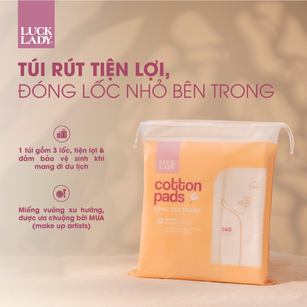 Combo 3 túi bông tẩy trang Luck Lady dạng túi rút 240 miếng mềm mịn, làm sạch da, an toàn cho da, skincare làm đẹp da