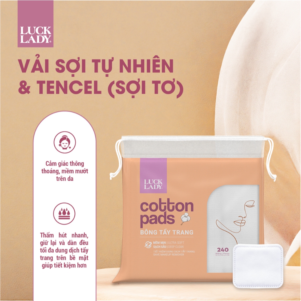 Combo 3 túi bông tẩy trang Luck Lady dạng túi rút 240 miếng mềm mịn, làm sạch da, an toàn cho da, skincare làm đẹp da