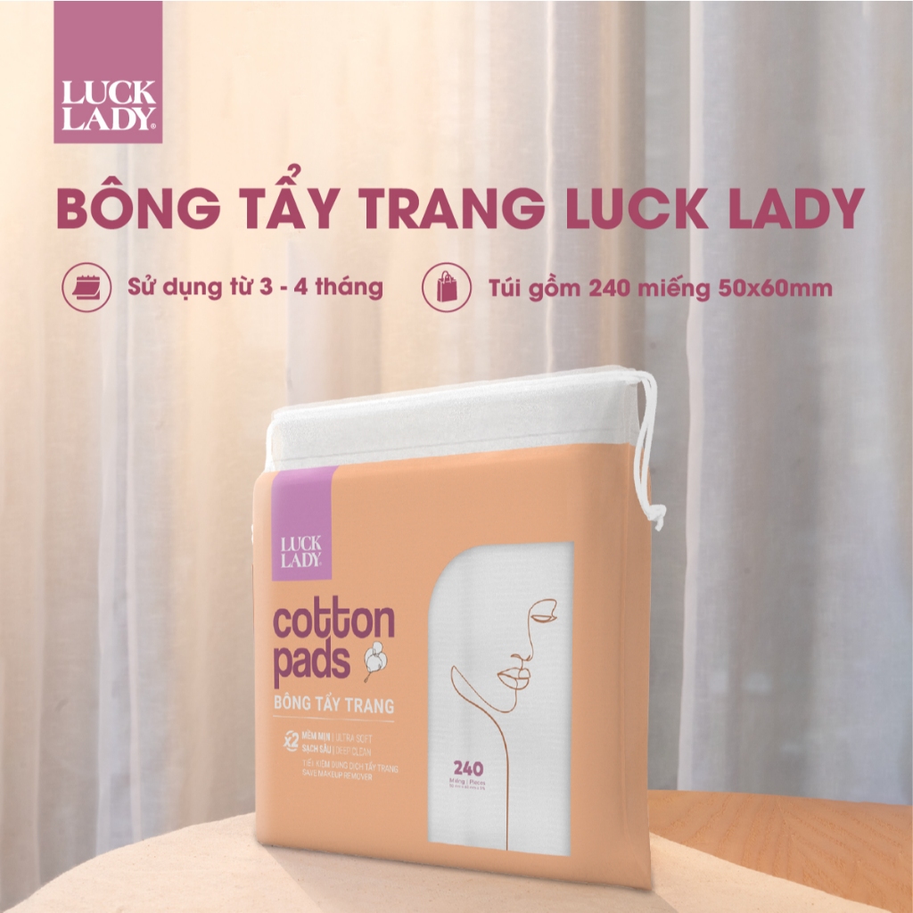 Combo 3 túi bông tẩy trang Luck Lady dạng túi rút 240 miếng mềm mịn, làm sạch da, an toàn cho da, skincare làm đẹp da