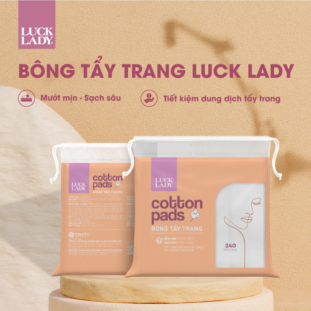 Combo 3 túi bông tẩy trang Luck Lady dạng túi rút 240 miếng mềm mịn, làm sạch da, an toàn cho da, skincare làm đẹp da