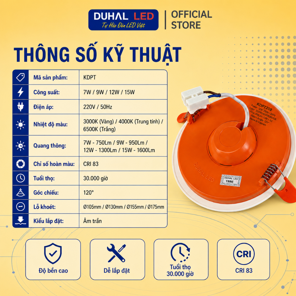 Đèn Led Âm Trần DUHAL KDPT Ánh Sáng Trắng/Vàng/Trung tính 7W 9W 12W 15W