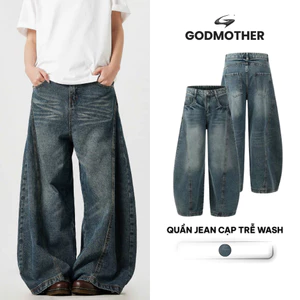 Quần Jean Cạp Trễ Wash GODMOTHER Quần Denim Ống Rộng Xanh Wash Đường Phố Hàn Quốc Phong Cách Unisex