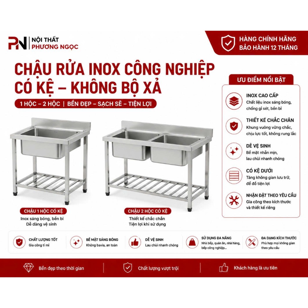 CHậu Rủa iINOX công nghiệp  hai hộc (nhận đặt hàng theo yêu cầu)