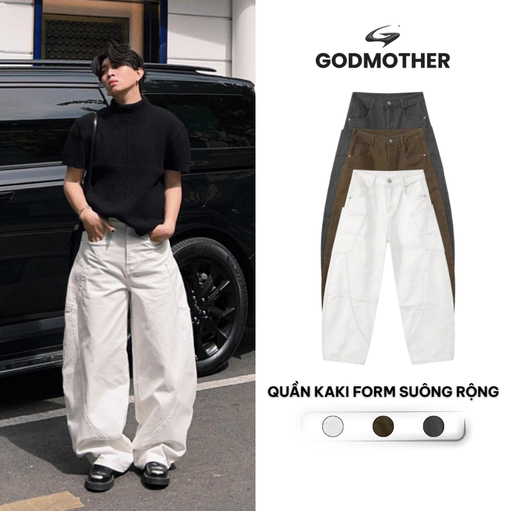 Quần Kaki Form Suông Rộng GODMOTHER Quần Kaki Cạp Trễ Unisex Phong Cách Basic Hàn Quốc JTRANG