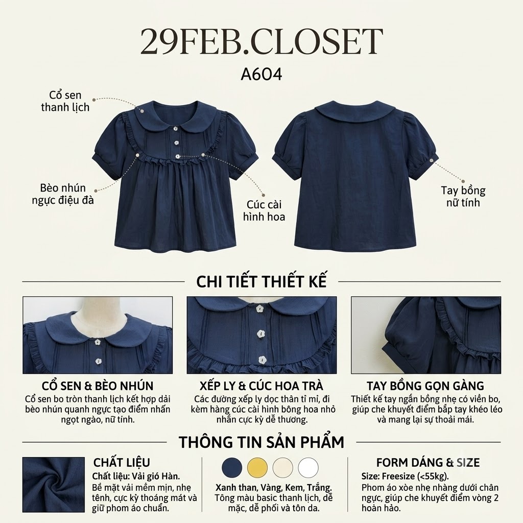 Áo sơ mi nữ cổ sen phối bèo ngực, Áo kiểu sơ mi cổ sen dễ thương dành cho mùa hè - 29feb.closet - A604 | BigBuy360 - bigbuy360.vn