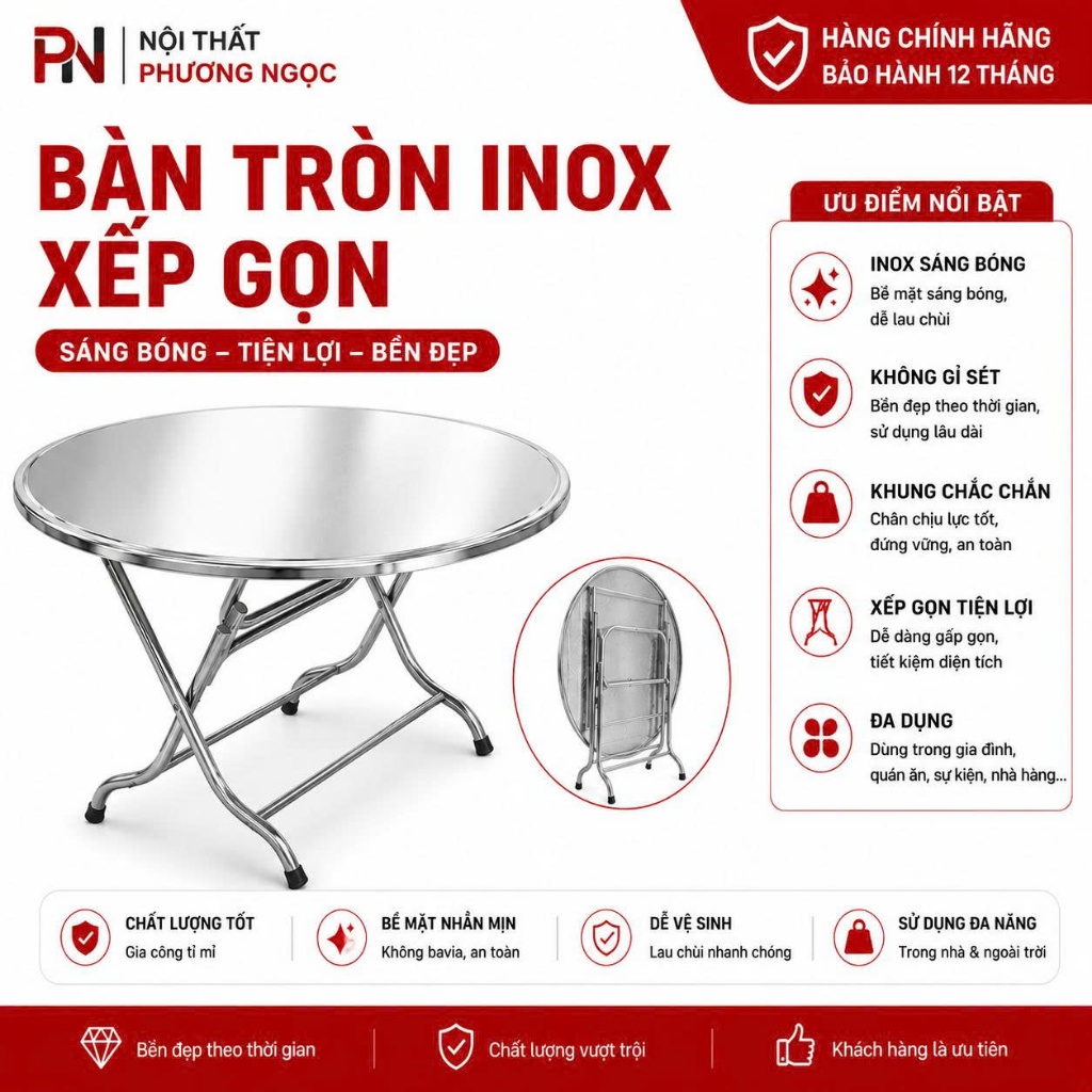 bàn tròn inox 1m2 gấp  gọn ăn tiệc (sản xuất tại xưởng)
