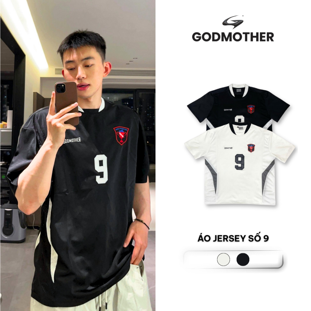 Áo Thun Jersey Số 9 GODMOTHER Áo Thun Thể Thao Thêu Đắp Da Nổi Nam Nữ Unisex Streetwear Năng Động