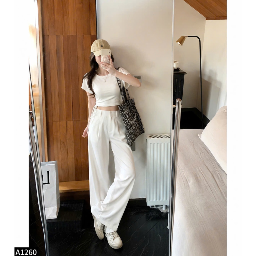 Set bộ áo thun crotop phối quần culottes cạp cao 2 màu vàng, hồng A1260