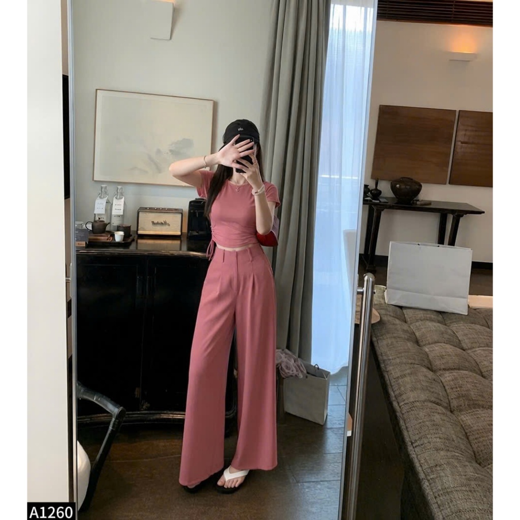 Set bộ áo thun crotop phối quần culottes cạp cao 2 màu vàng, hồng A1260
