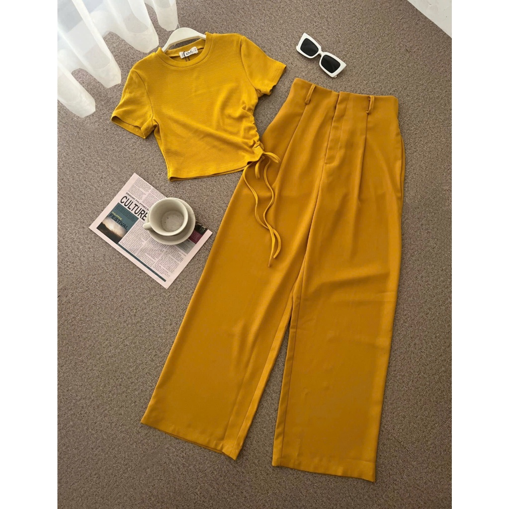 Set bộ áo thun crotop phối quần culottes cạp cao 2 màu vàng, hồng A1260