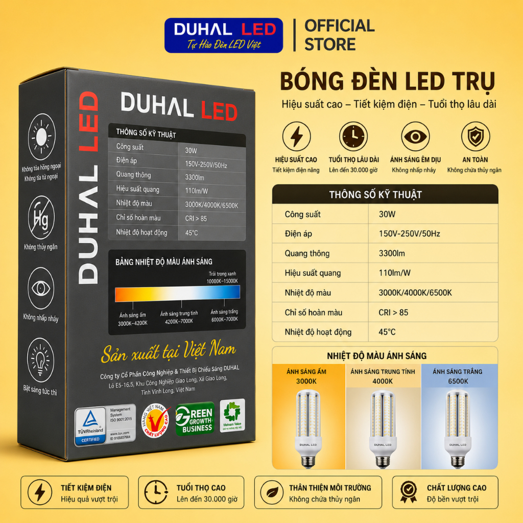 Bóng Đèn LED Trụ DUHAL KLB Ánh Sáng Trắng, Siêu sáng 20W 30W 40W 50W 60W