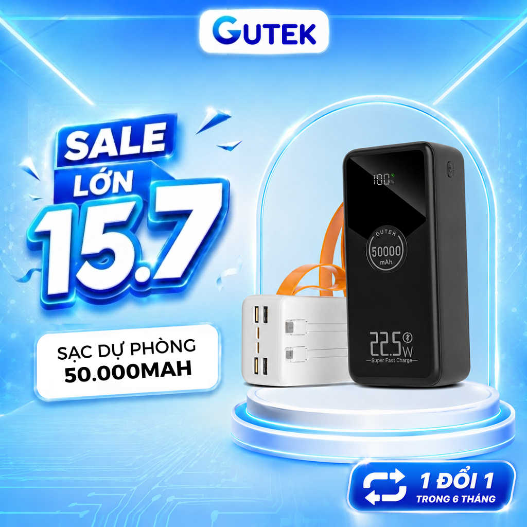 Sạc dự phòng 50000mAh sạc nhanh 22,5w dung lượng pin lớn có dây cắm nhiều điện thoại - Gutek GT230