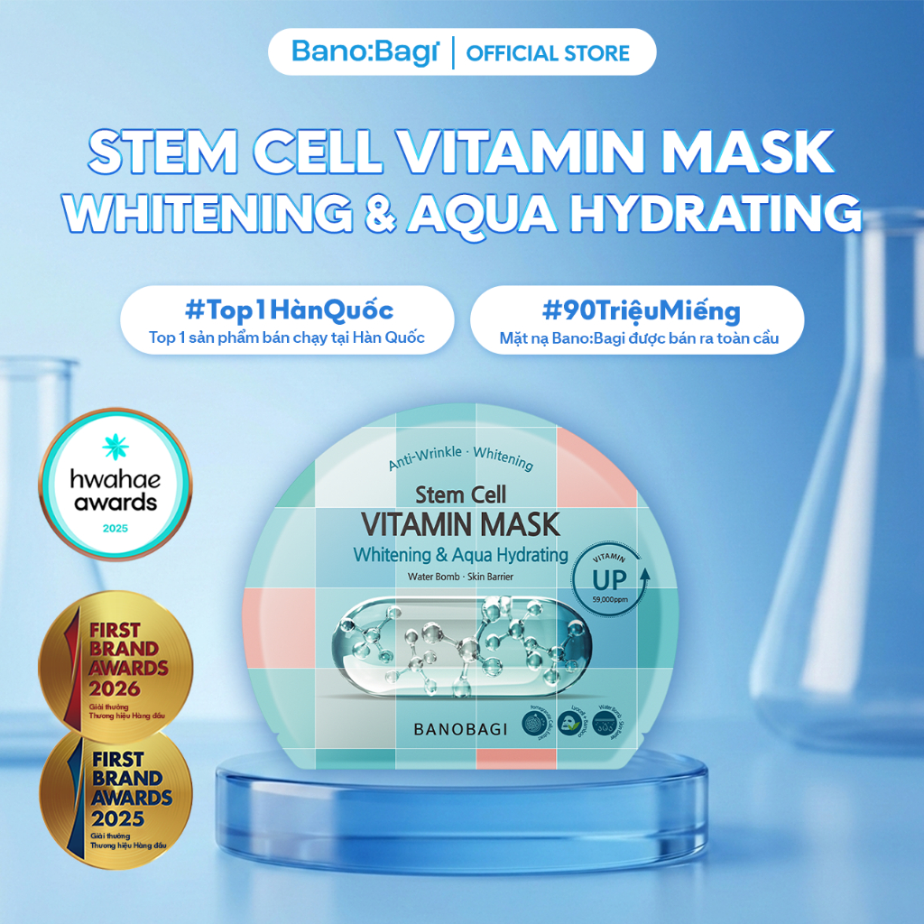 Combo 5 Miếng Mặt Nạ Bano:Bagi Stem Cell Vitamin Whitening & Aqua Hydrating dưỡng trắng và chống oxy hóa 30ml