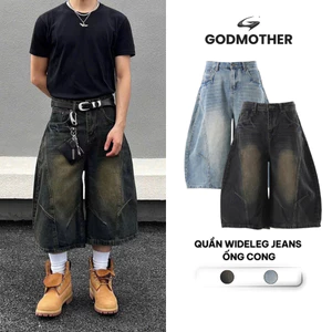 Quần Wideleg Jeans Ống Cong GODMOTHER Dáng Lửng Phong Cách Thể Thao Đường Phố Hiện Đại