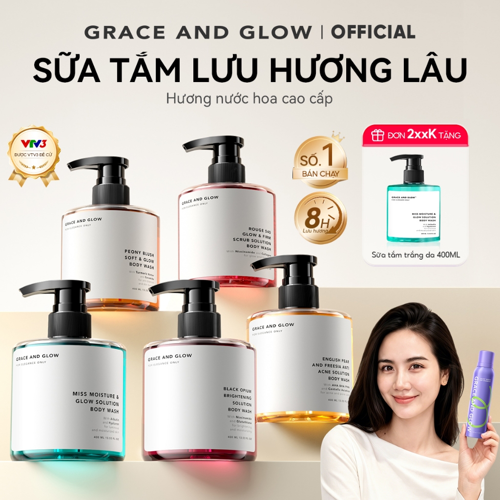 Sữa tắm trắng da hỗ trợ dưỡng ẩm tẩy da chết Grace and Glow nước hoa Body Wash 400ml Niacinamide lưu hương lâu thơm