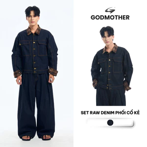 Set Raw Denim Phối Cổ Kẻ Nâu GODMOTHER Đồ Bộ Raw Denim (Áo Khoác Và Quần) Phong Cách Hàn Quốc Unisex