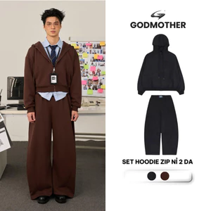 Set Nỉ Hoodie Zip GODMOTHER Chất Nỉ 2 Da Unisex Nam Nữ Phong Cách Cá Tính Trẻ Trung Đường Phố