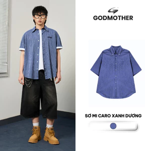 Áo Sơ Mi Kẻ Caro Ngắn Tay GODMOTHER Áo Sơ Mi Caro Xanh Dương Retro Unisex Form Rộng Cổ Điển Hàn Quốc