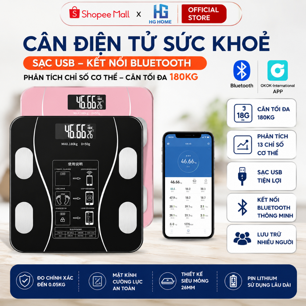 Cân Điện Tử Sức Khoẻ HGHOME Sạc USB Kết Nối Bluetooth Phân Tích Chỉ Số Cơ Thể Cân Tối Đa 180KG