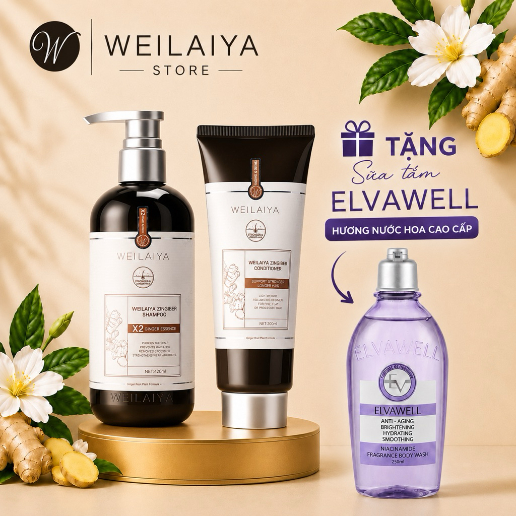 Bộ Dầu Gội Xả Gừng Weilaiya X2 Ginger Essence 420ml+200ml Tặng Sữa Tắm Elvawell 250ml-Hương Nước Hoa
