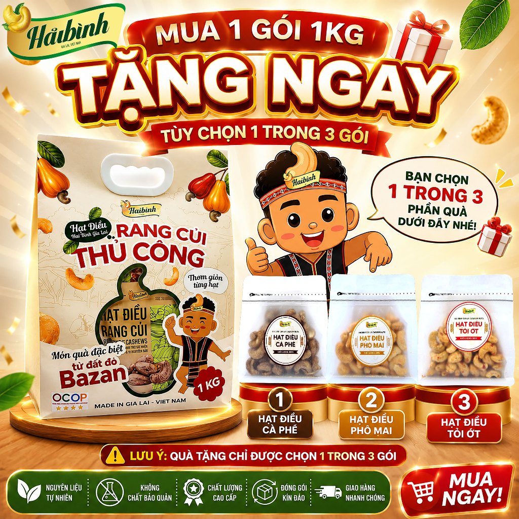 [Mua 1 Tặng 1] Túi hạt điều 1kg - Combo 10 gói hạt điều rang củi 100g (tặng gói hạt điều tẩm vị 200g bất kì)